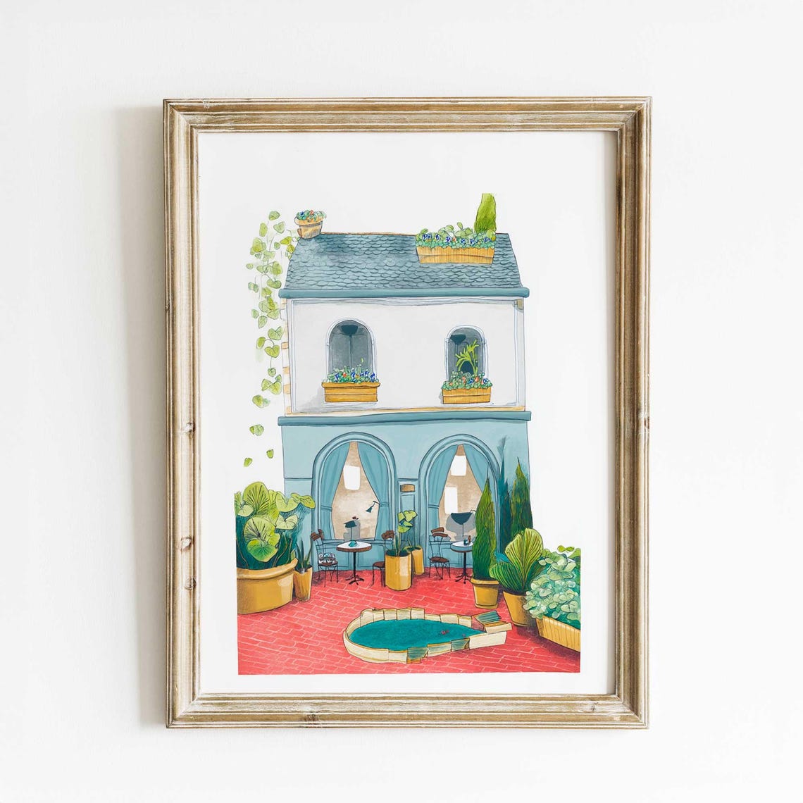 Romantic French Courtyard Watercolor Print with Blue Windows and Pool