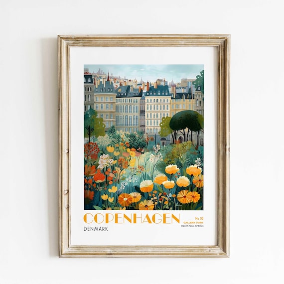 Copenhagen Denmark Floral Cityscape Botanical Travel Art Poster