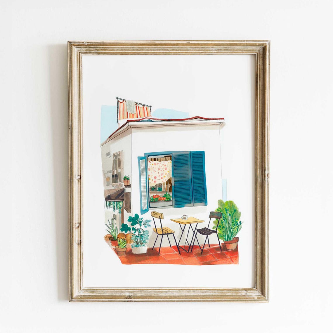 Mediterranean Terrace Watercolor Poster with Blue Shutters and Bistro
