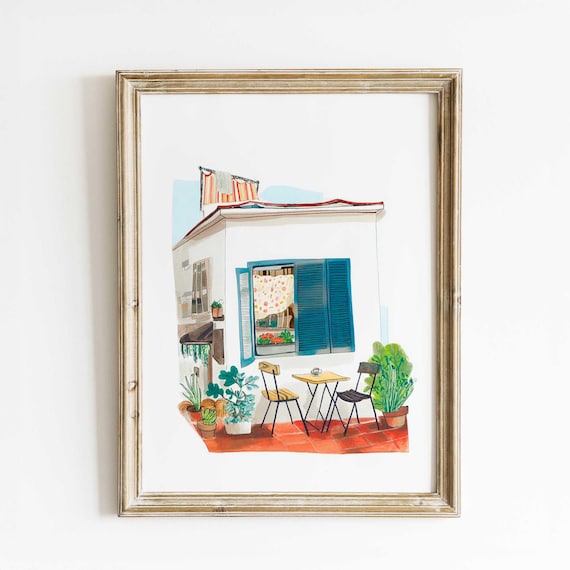 Mediterranean Terrace Watercolor Poster with Blue Shutters and Bistro