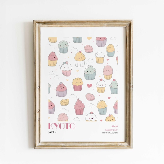 Kyoto Cupcake Art Print Kawaii Dessert Poster Japanese Wall Gallery Dart No 36 Cute Pastel Kitchen Decor