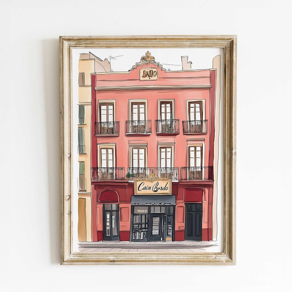 Spanish City Architecture Wall Art Watercolor Print Of Coral Building In Seville Urban Travel Poster