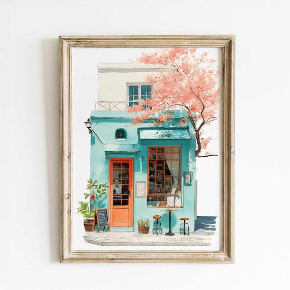 Turquoise Caf Watercolor Print Spring Blossoms Coral Door And Vintage Coffee Shop Art European Street Wall Decor