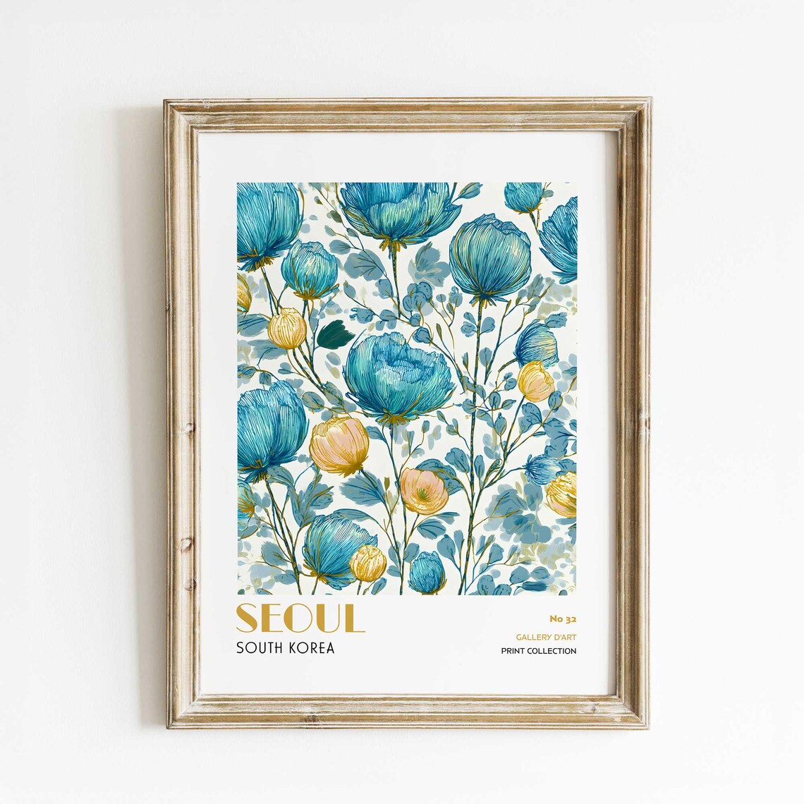 Seoul South Korea Blue and Yellow Floral Botanical Travel Poster