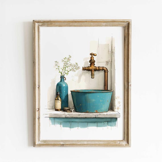 Rustic Turquoise Sink Watercolor Print, French Country Decor