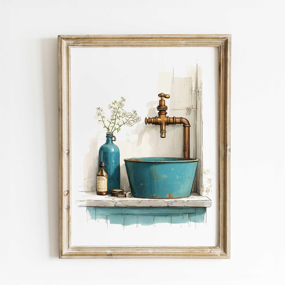 Rustic Turquoise Sink Watercolor Print, French Country Decor