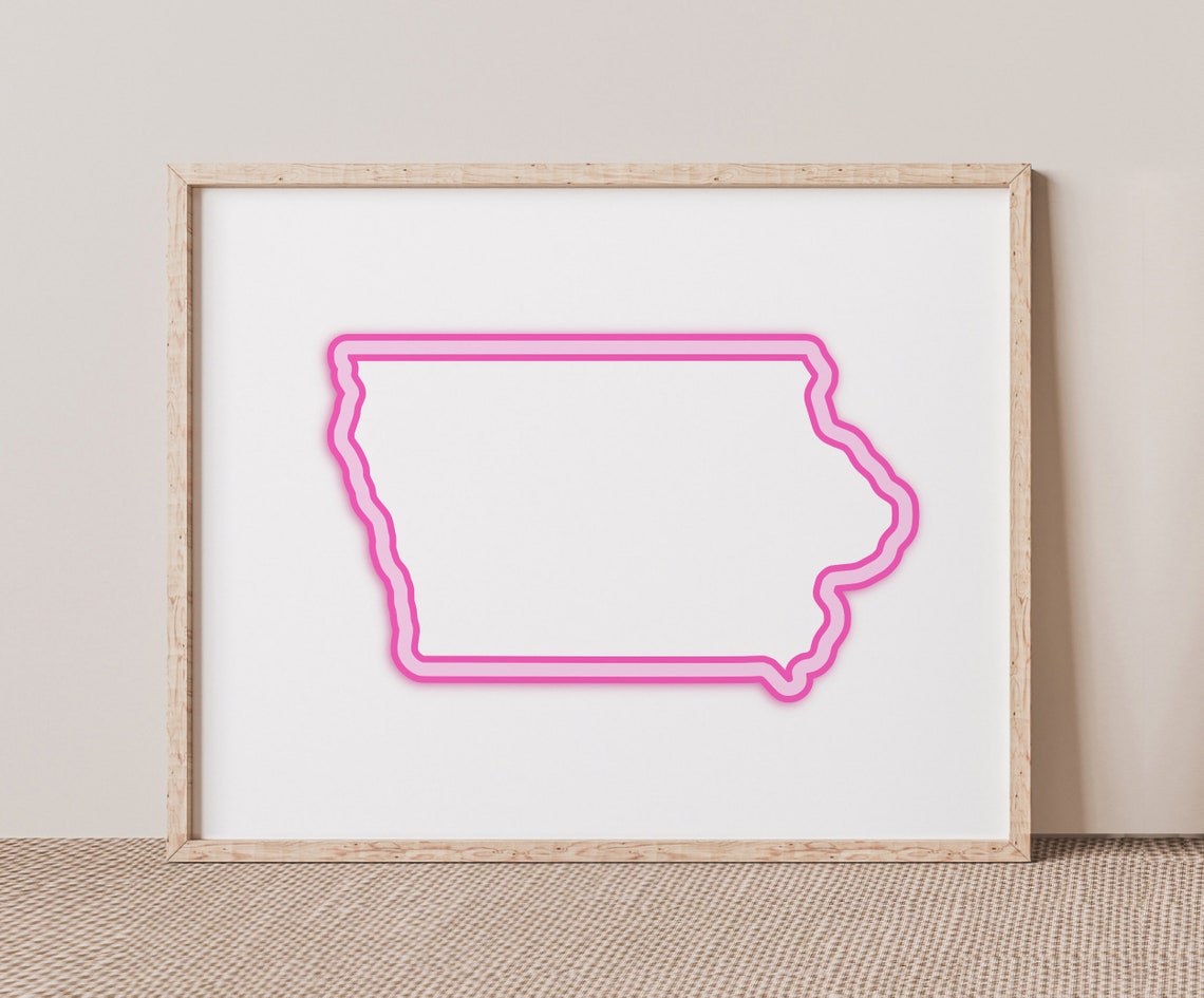 Pink Iowa Art Bright Map Of Wall Decor Iowan Poster Print Hot