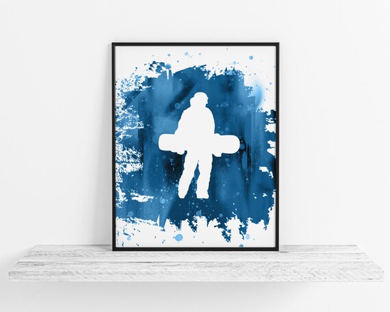 Snowboarder Holding Board Silhouette Blue Splash Sports Poster