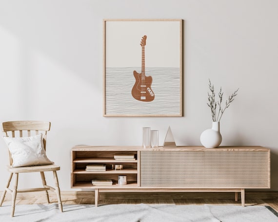 Terracotta Bass Guitar Silhouette Wavy Line Music Room Poster