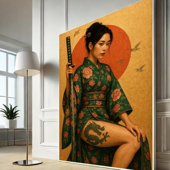 Samurai Geisha Katana Dragon Tattoo Green Kimono Canvas Wall Artjapanese Warrior Poster Asian Art Print Home Decor