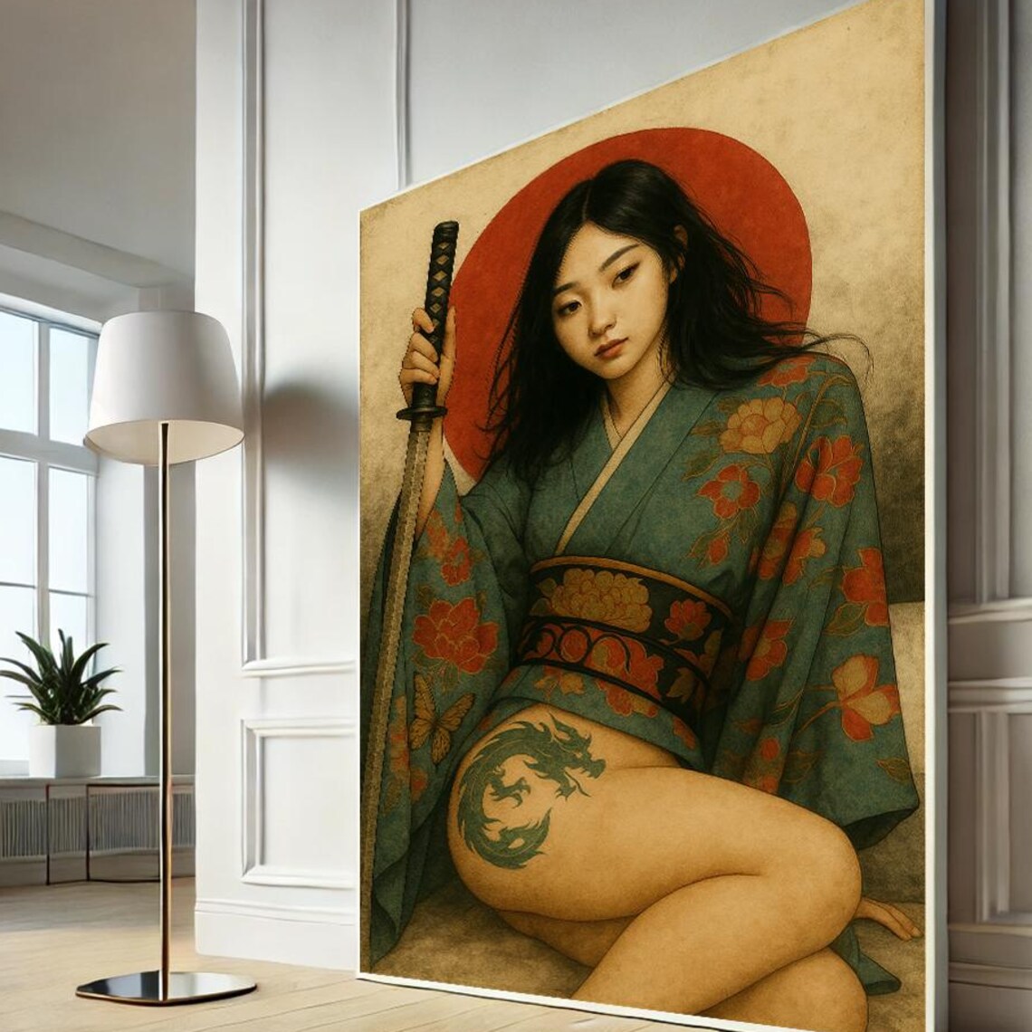 Japanese Warrior Woman Kimono Katana Red Sun Tattoo Art Poster