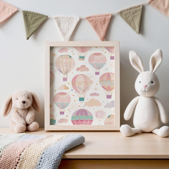 Pastel Hot Air Balloon Print Whimsical Nursery Art