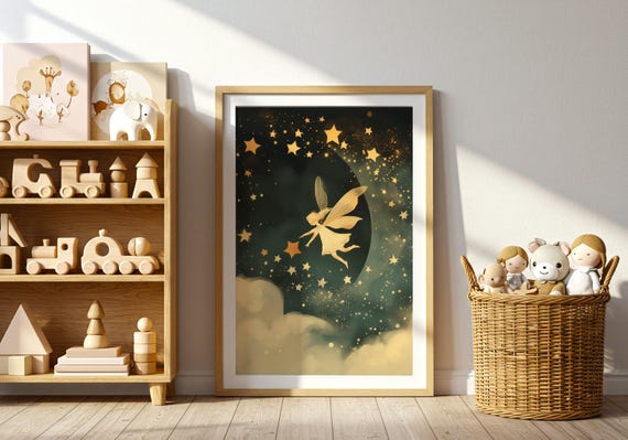 Fairy Art Print Starry Sky Moon Whimsical Nursery Decor