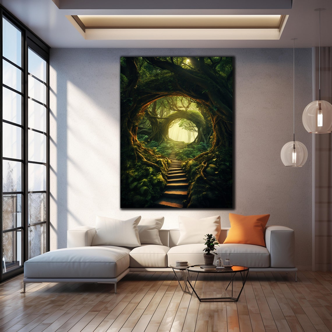 Ancient Twisted Tree Tunnel Stone Stairs Sunlit Forest Art Poster - Image 4