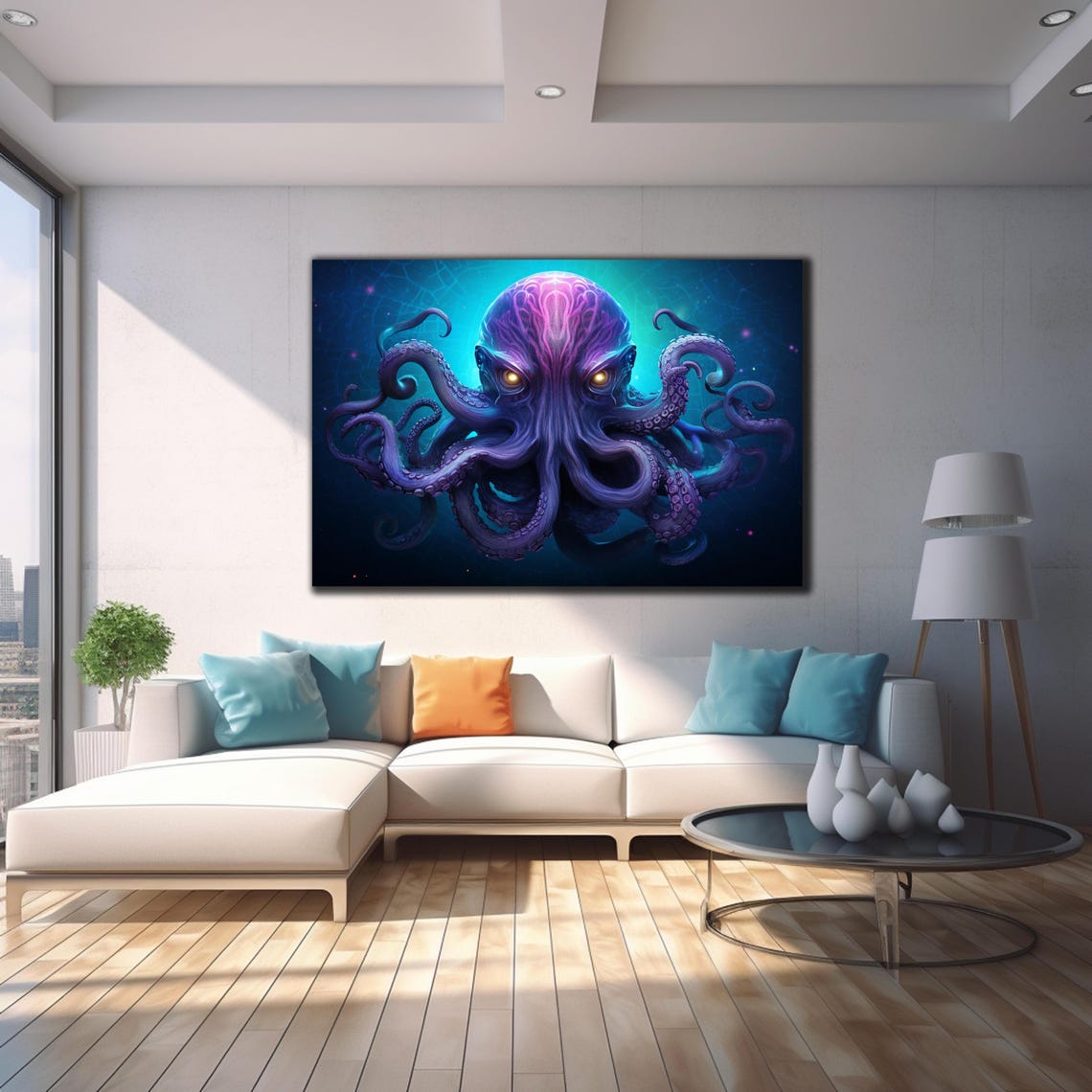 Neon Purple Octopus Front View Glowing Eyes Deep Sea Ocean Print - Image 4