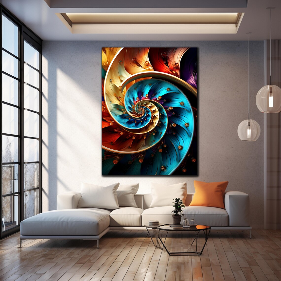 Golden Blue Spiral Fractal Art Jewel Accent Abstract Wall Art Poster - Image 4