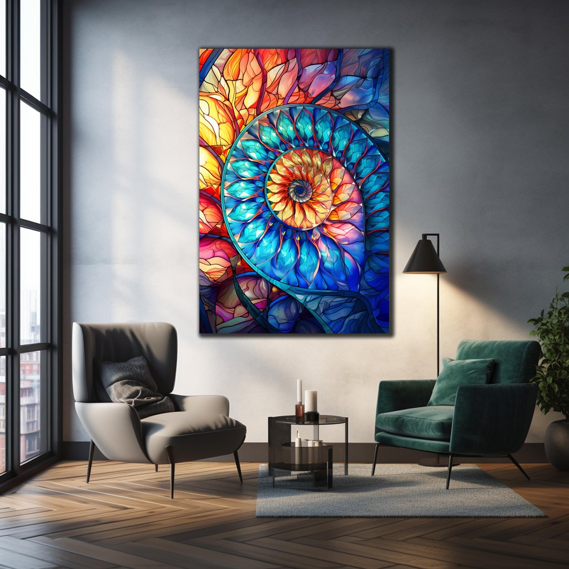 Nautilus Shell Spiral Stained Glass Art Teal Orange Seashell Poster - Image 3