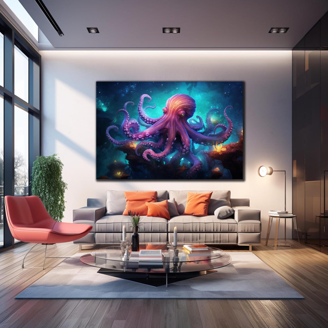 Vivid Purple Octopus Underwater Teal Glow Ocean Sea Life Wall Art - Image 4