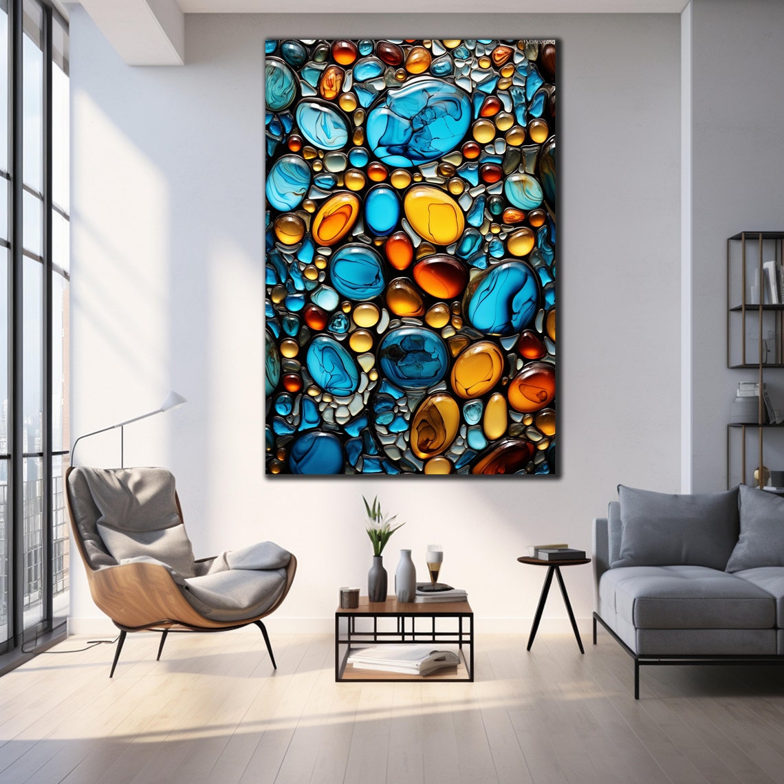 Glossy Glass Pebbles Mosaic Blue Amber Stones Abstract Wall Poster - Image 4