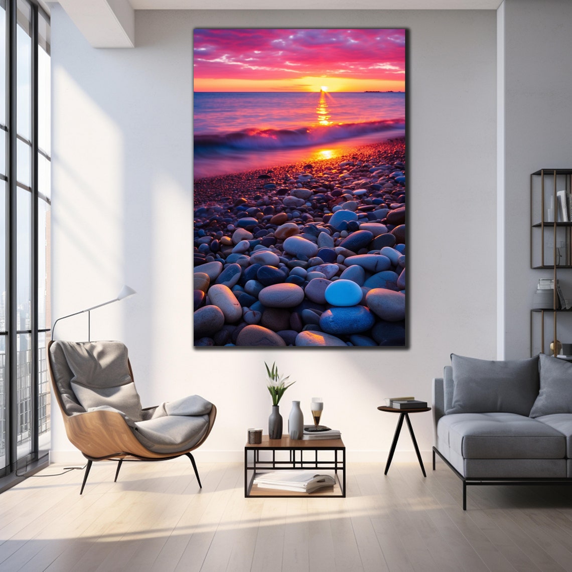 Pebble Beach Magenta Sunset Ocean Waves Smooth Stones Travel Poster - Image 3