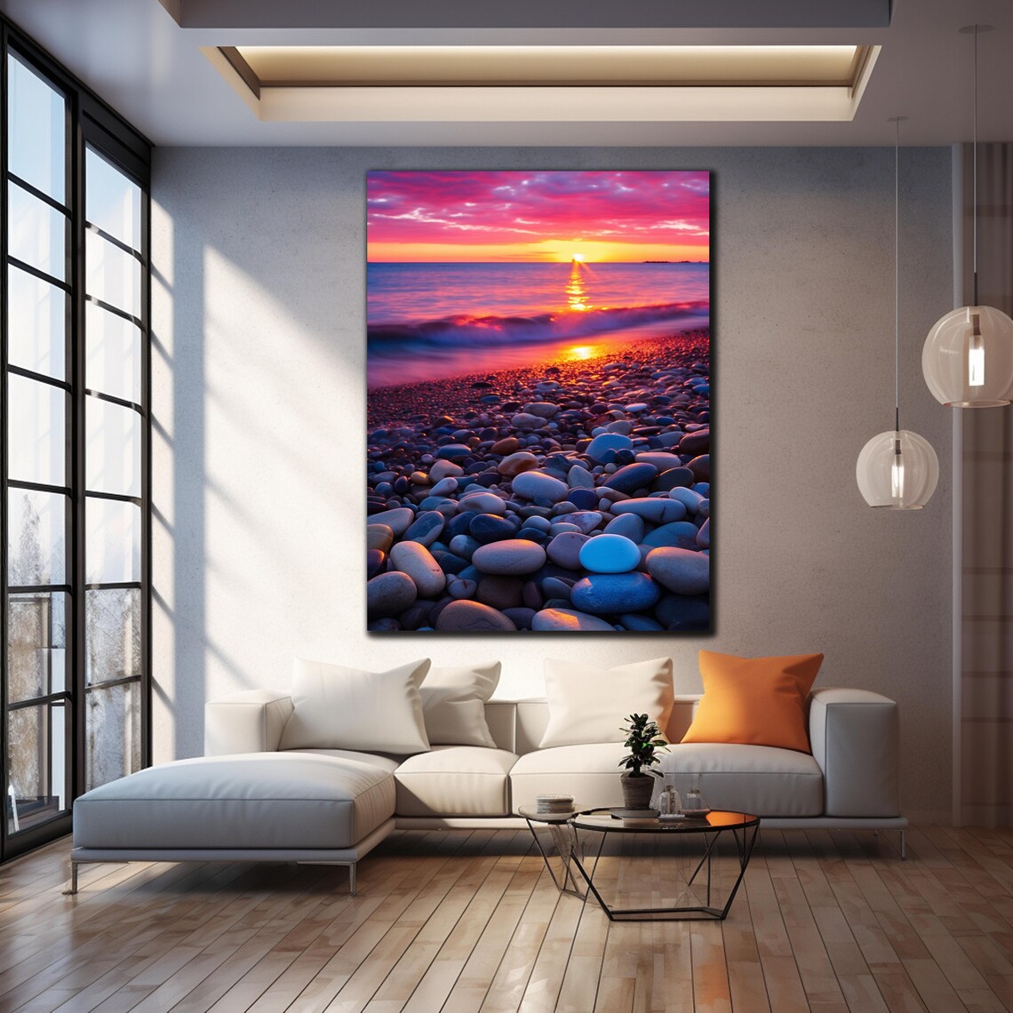 Pebble Beach Magenta Sunset Ocean Waves Smooth Stones Travel Poster - Image 4