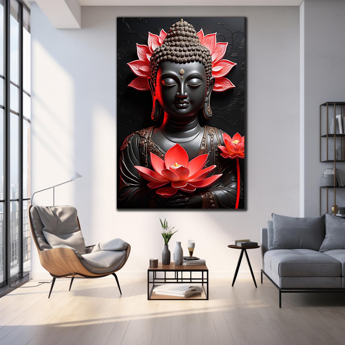 Black Buddha Statue Red Lotus Flowers Dark Zen Wall Art Poster - Image 4
