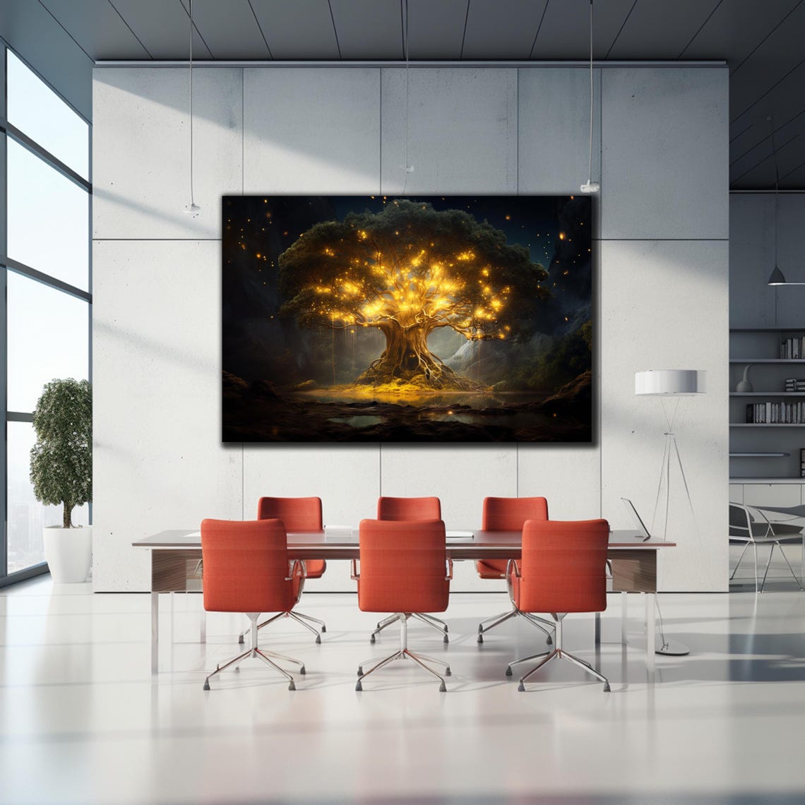 Golden Enchanted Tree Night Glowing Forest Firefly Light Wall Art - Image 2