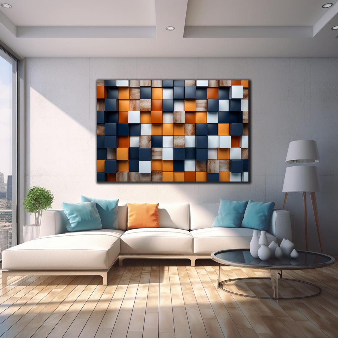 Navy Orange White Wood 3D Cube Blocks Modern Abstract Wall Art - Image 4