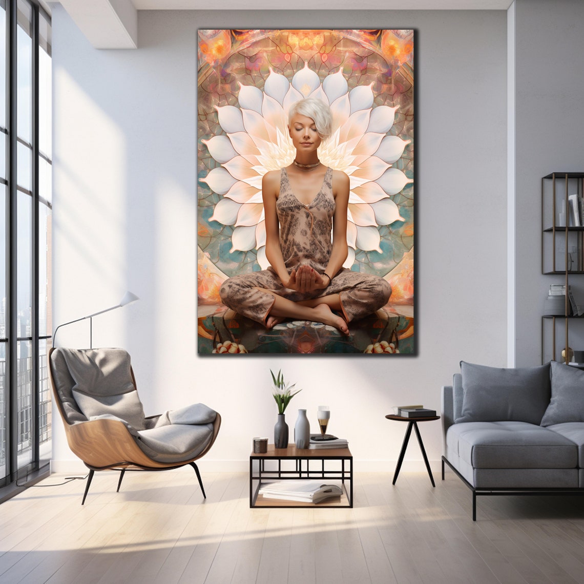 Meditating Woman White Lotus Mandala Yoga Zen Serene Art Wall Poster - Image 3
