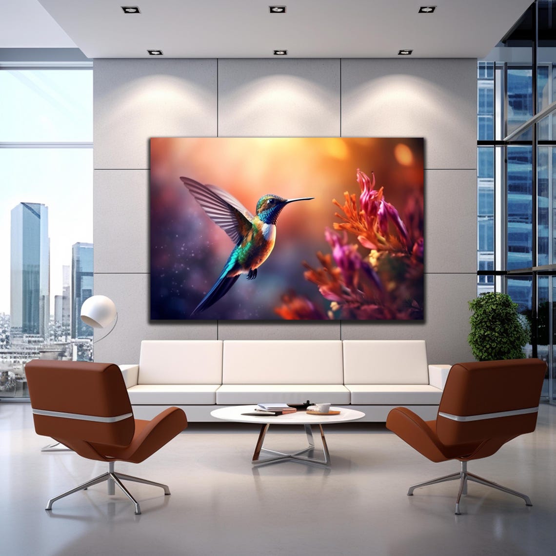 Iridescent Blue Green Hummingbird Orange Flowers Sunset Art Poster - Image 2