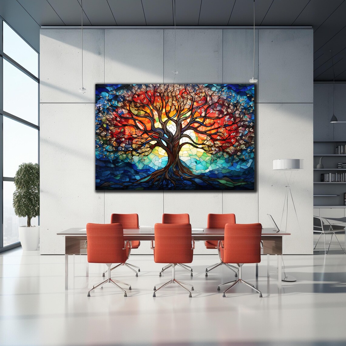 Tree of Life Red Blue Stained Glass Mosaic Fiery Crown Wall Art - Image 2