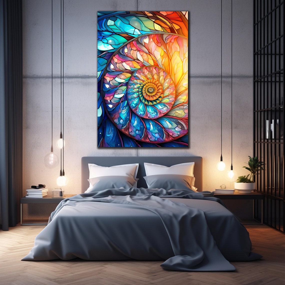 Rainbow Nautilus Spiral Stained Glass Shell Ocean Inspired Wall Poster - Image 2