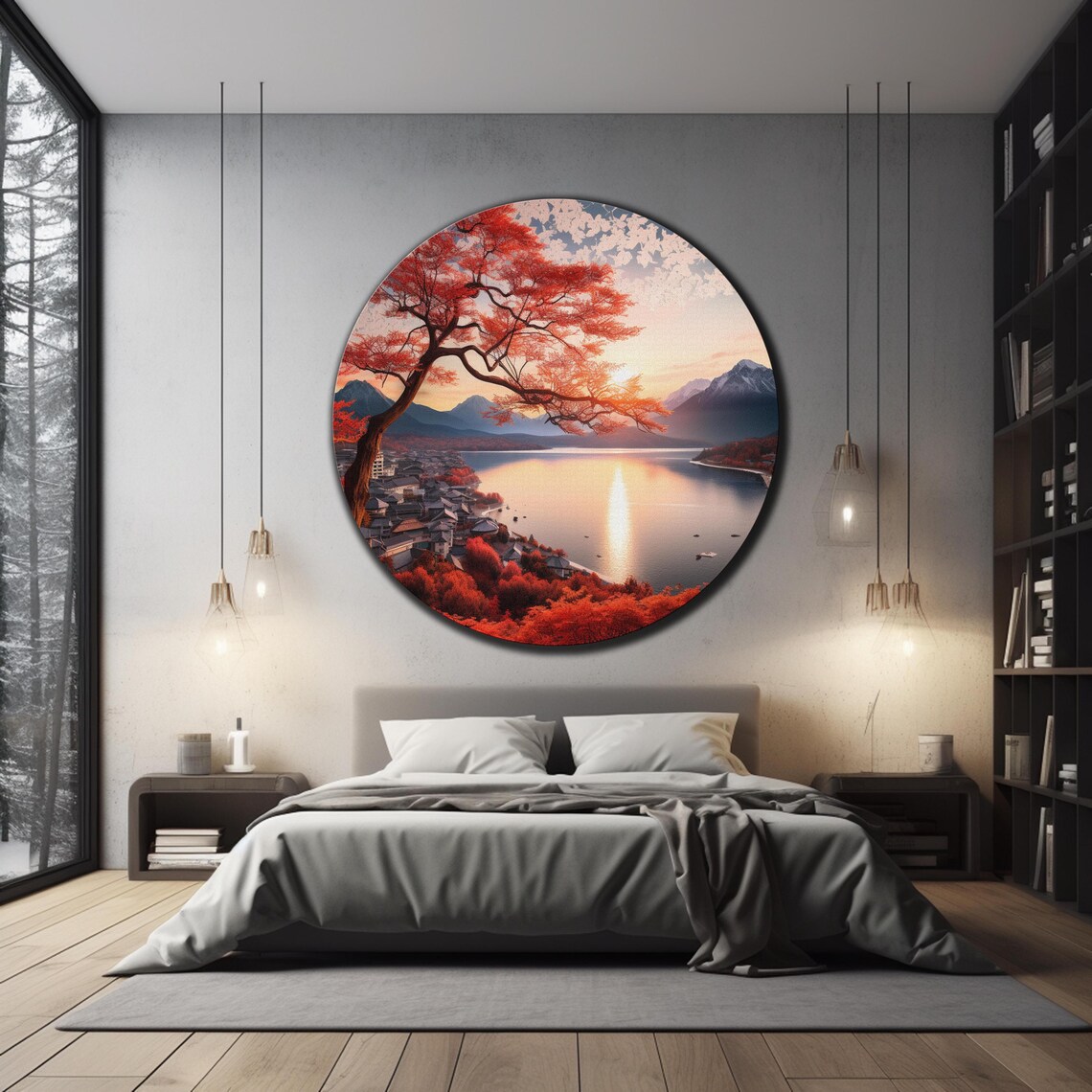 Mount Fuji Autumn Sunset Red Maple Lake Village Glass Round Wall Art - Image 3
