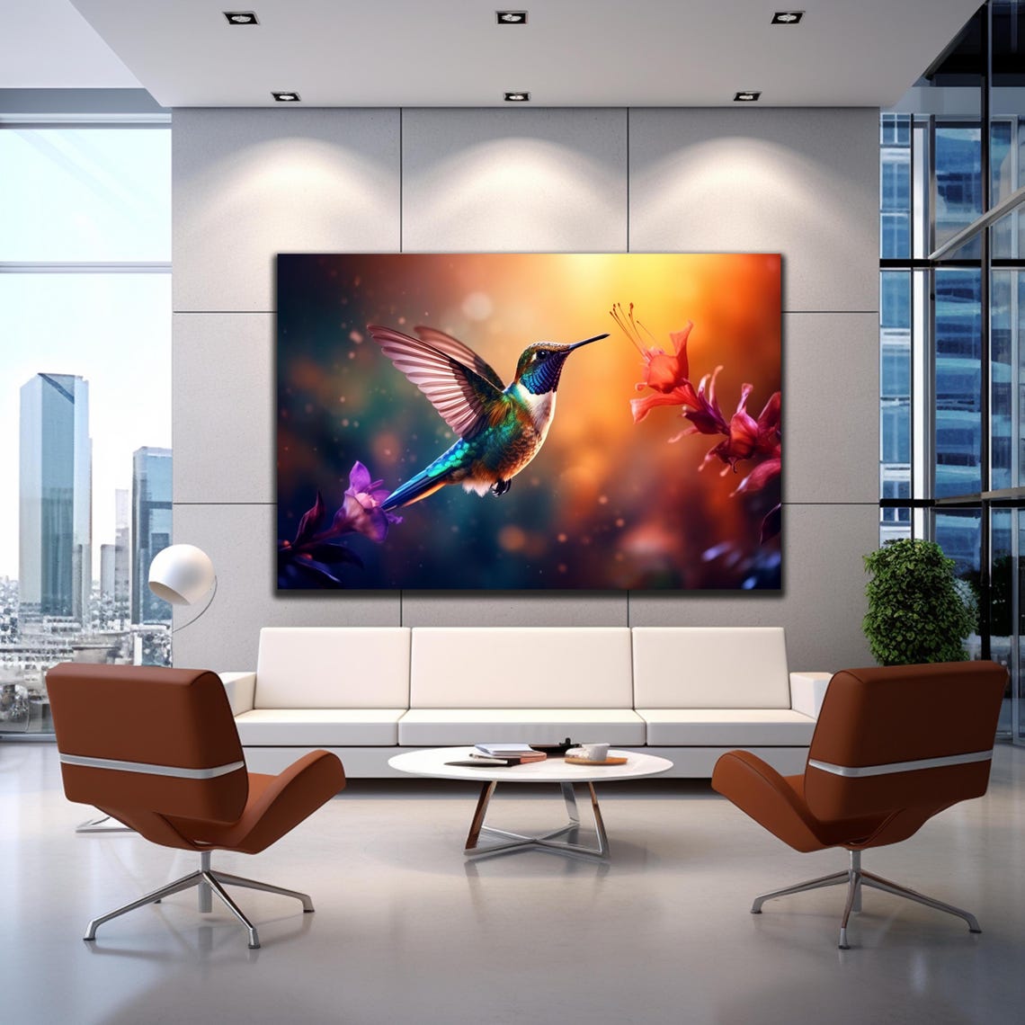 Hummingbird Hovering Red Purple Flowers Glowing Sunset Glow Poster - Image 3