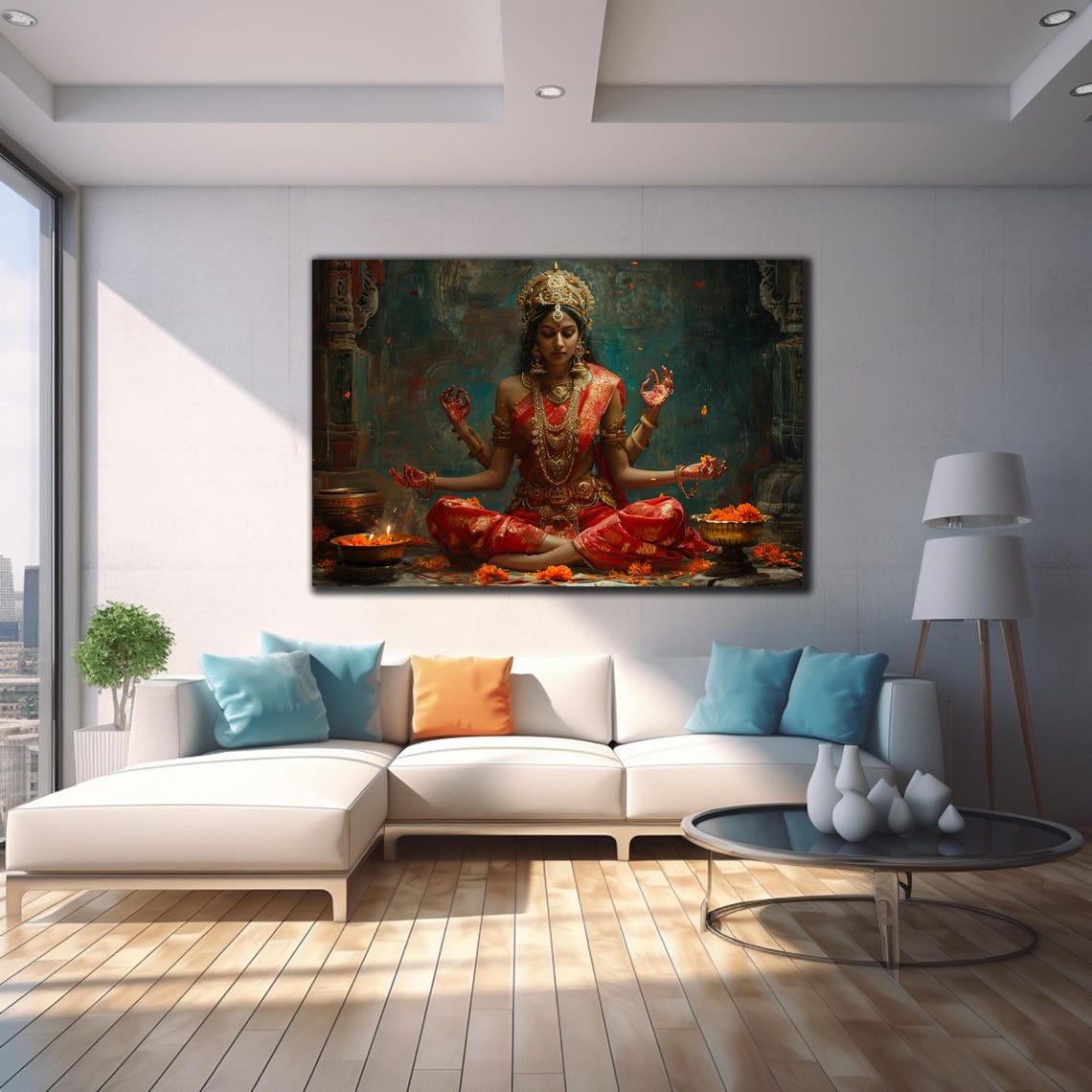 Goddess Lakshmi Red Sari Gold Jewelry Hindu Temple Deity Wall Art - Image 4