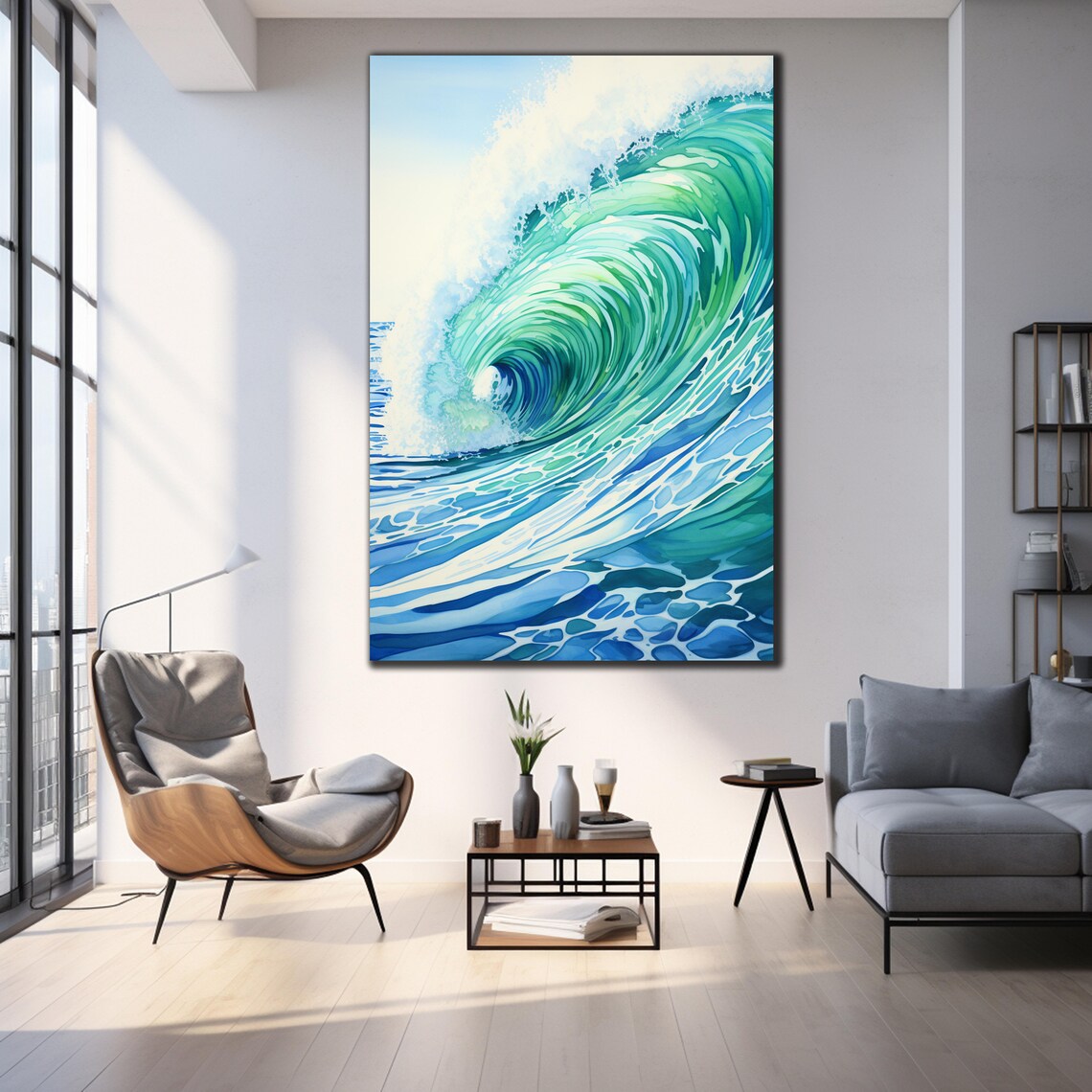 Aqua Ocean Wave Curl Watercolor Painting Sea Spray Wall Poster - Image 4