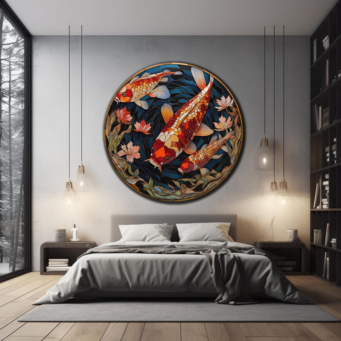 Koi Fish Stained Glass Round Lotus Pond Japanese Style Wall Art Poster - Image 3