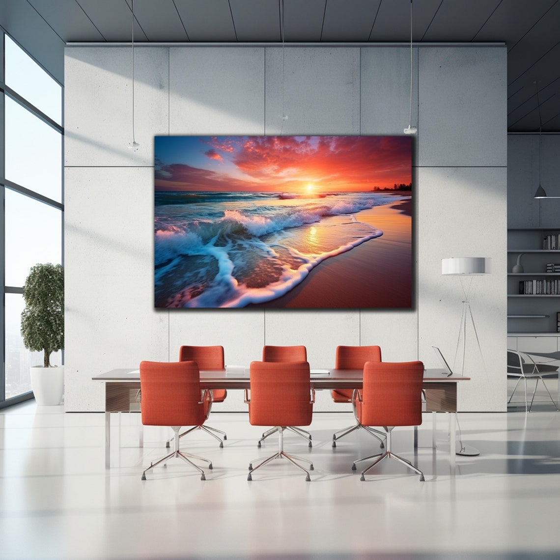 Crimson Sunset Beach Rolling Waves Warm Sand Coastal Art Wall Poster - Image 2