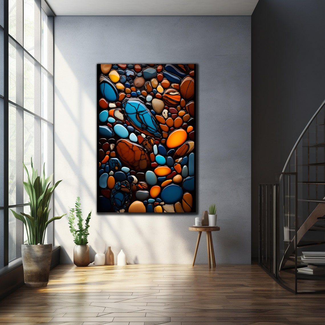 Glossy Pebbles Blue Orange Dark Background Stone Mosaic Wall Poster - Image 4