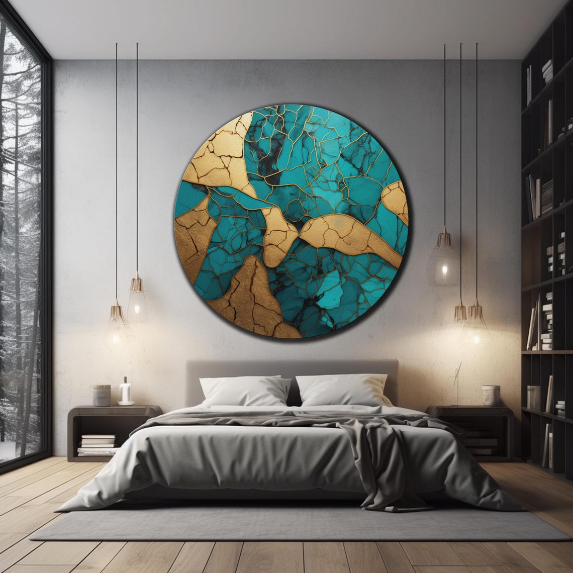 Turquoise Gold Kintsugi Crackle Abstract Geode Round Glass Wall Art - Image 3