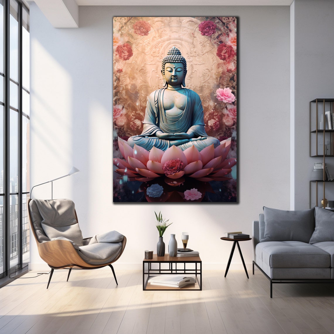 Serene Buddha Statue Pink Lotus Flowers Meditation Wall Art Poster - Image 3