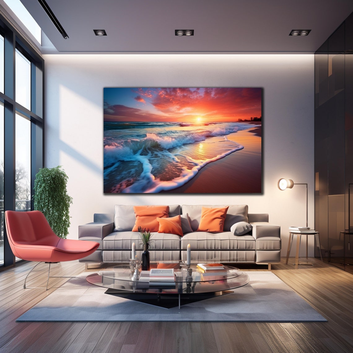 Crimson Sunset Beach Rolling Waves Warm Sand Coastal Art Wall Poster - Image 4