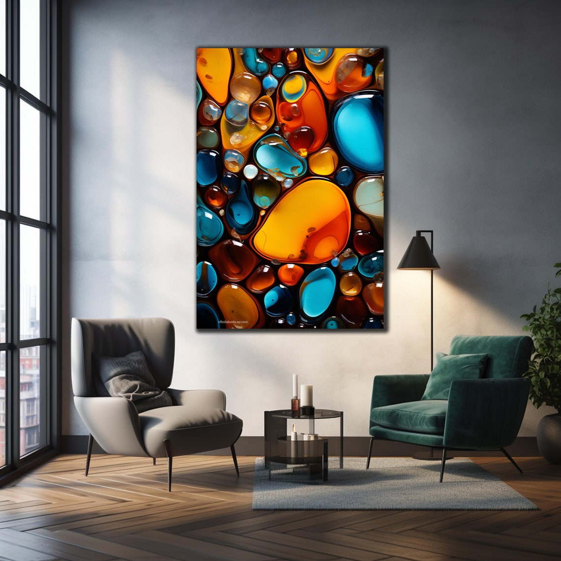 Amber Teal Liquid Droplet Abstract Dark Modern Art Wall Poster - Image 3