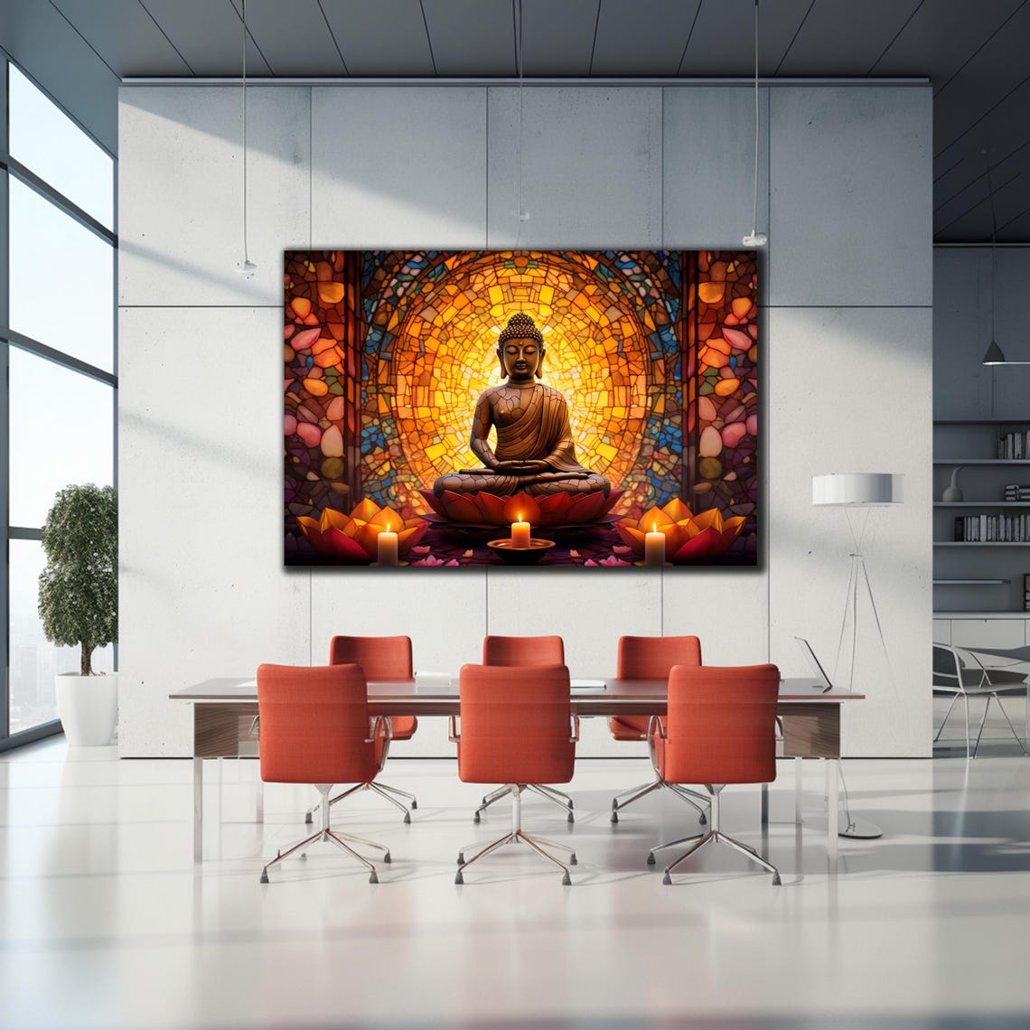 Buddha Meditating Golden Stained Glass Halo Lotus Temple Wall Art - Image 2