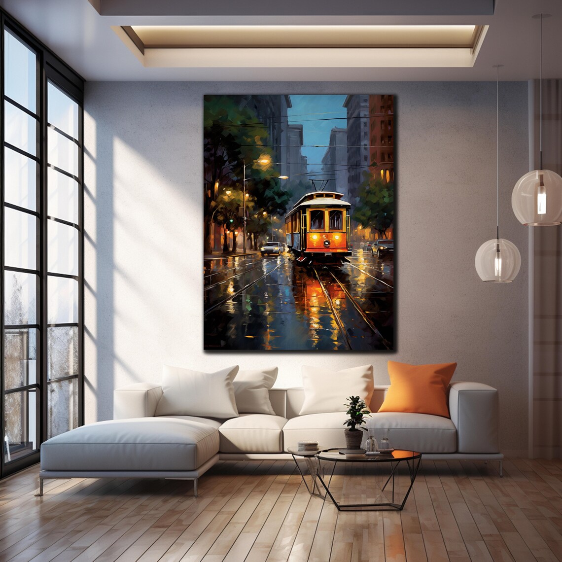San Francisco Cable Car Rainy Night Street Oil Painting Travel Poster - Image 4