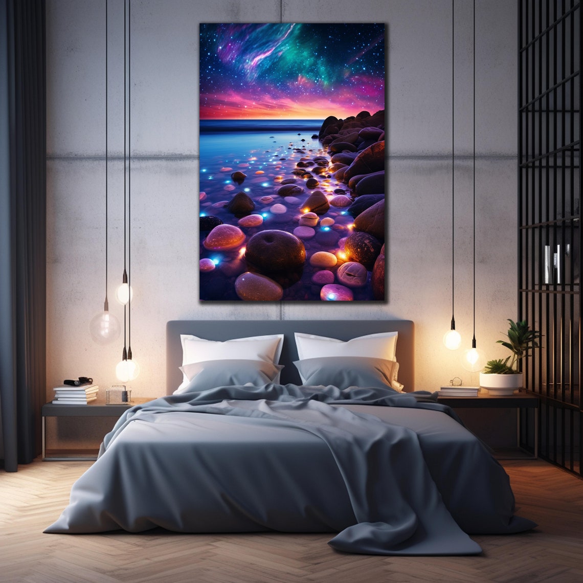 Night Beach Glowing Stones Starry Galaxy Sky Zen Ocean Art Poster - Image 2
