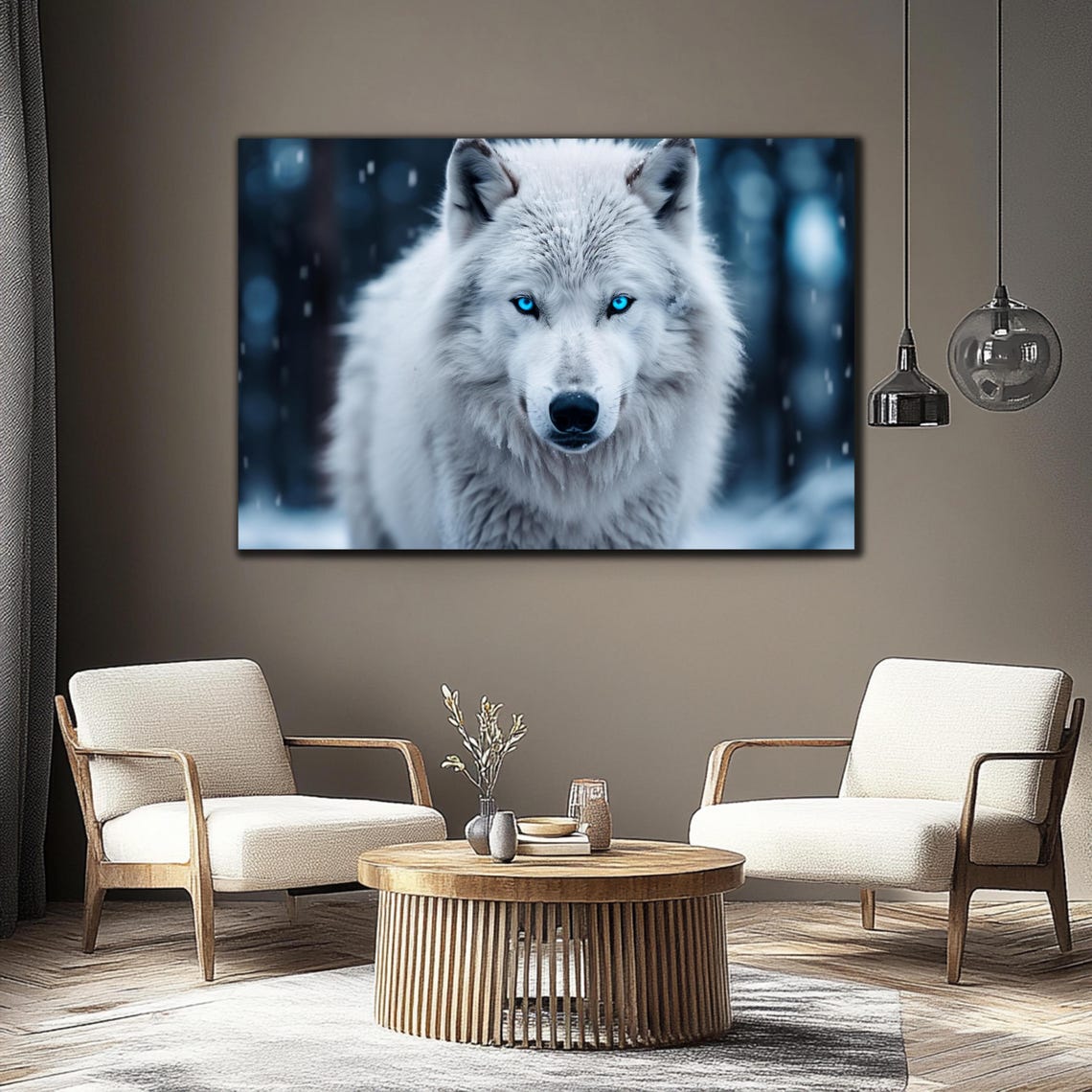 White Wolf Blue Eyes Snow Portrait Wild Animal Winter Wall Art - Image 4