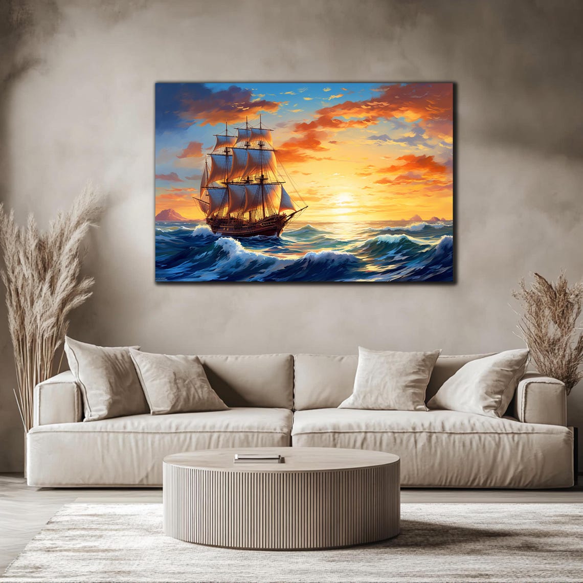 Tall Sailing Ship Sunset Orange Sky Ocean Waves Nautical Poster - Image 4
