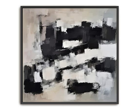 Hand Painted Abstract Acrylic Painting Large Artwork Wall Art Black And White Gray Beige Ivory Neutral Textured Framed Wall Decor