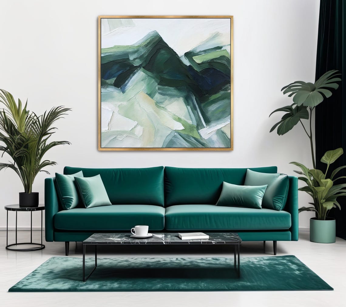 Hand Painted Abstract Acrylic Painting Large Artwork Wall Art Pastel Light Green Deep Dark White Beige Textured Framed Wall Decor - Image 4